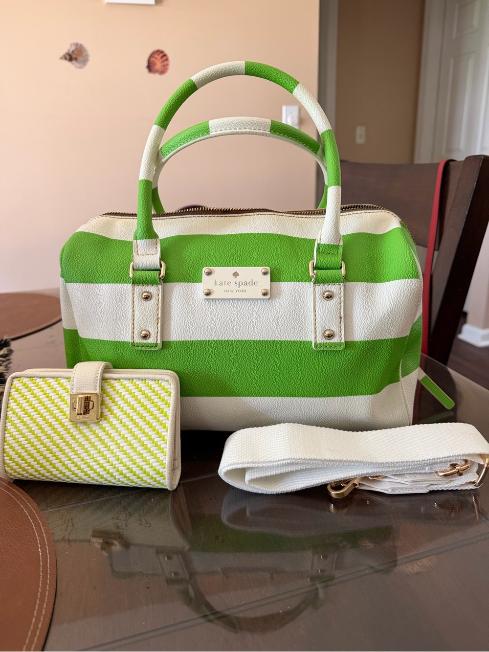 kate spade Green & White Striped Satchel, NWT KS wallet & unbranded Xbody strap